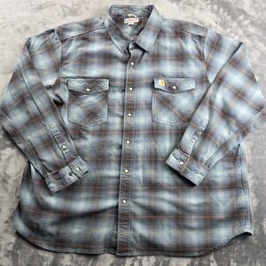Carhartt Flannel Pearl Snap Shirt Mens 2XL Blue Plaid Relaxed Fit Cotton Spandex